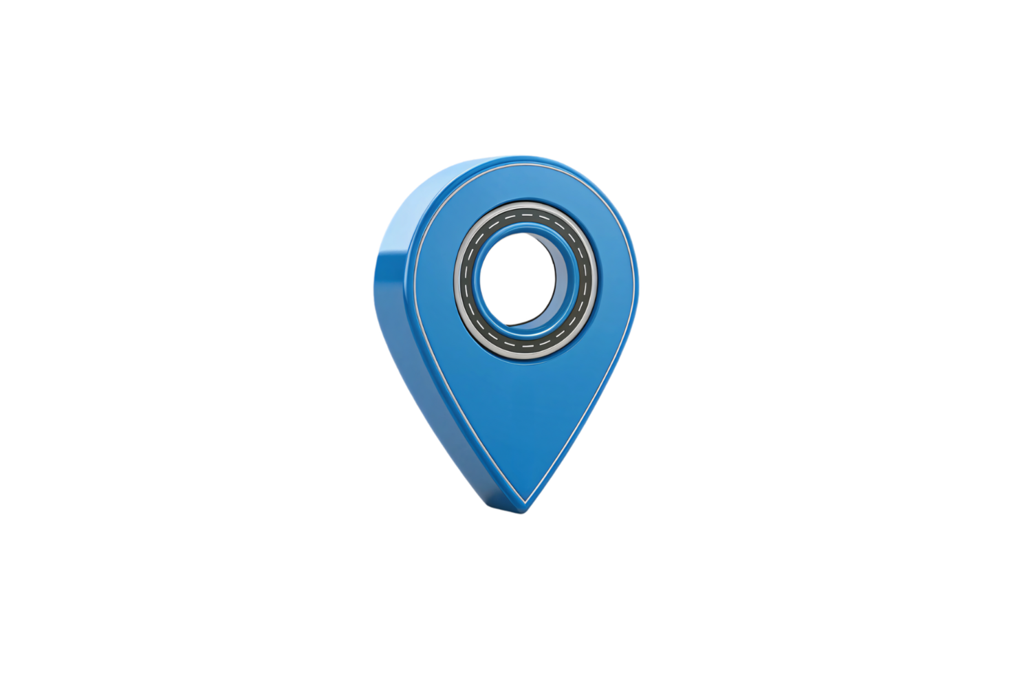 Blue 3D map pin with a circular road graphic at its center, symbolizing navigation, location tracking, and travel with a modern aesthetic png