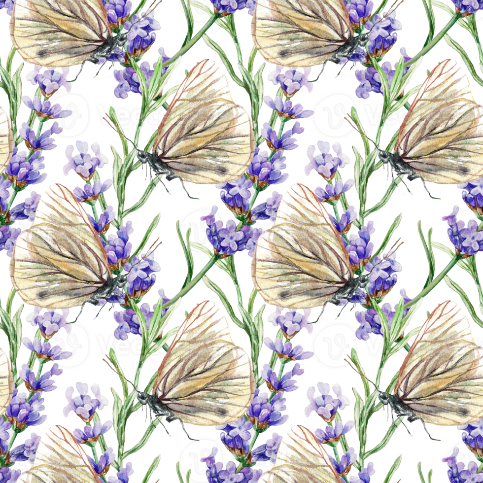 Lavender flower sprigs and butterflies, seamless pattern. Hand drawn watercolor illustration. For textile, covers, fabric, wrapping paper, wallpaper. png