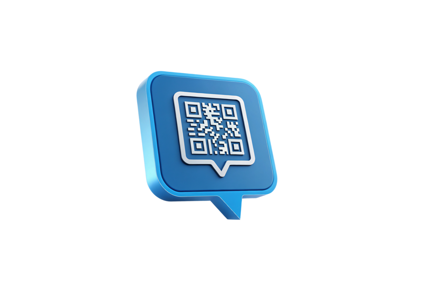3D blue square containing a QR code, framed by a speech bubble outline, emphasizing user interaction and digital scanning technologies png