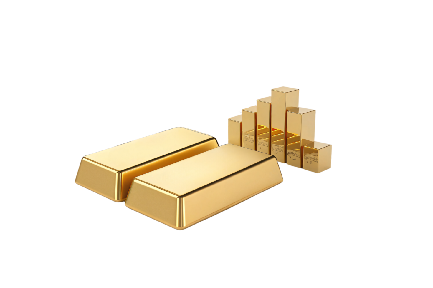 Multiple gold bars, neatly arranged in different sizes, showcasing wealth and value, with a focus on financial abundance and opulence png