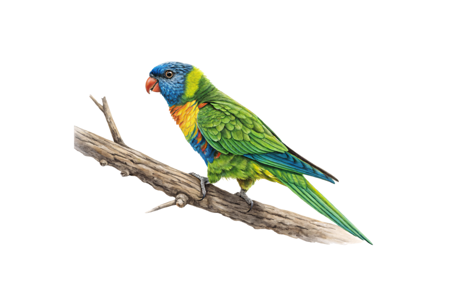 A vibrantly colored green parrot with blue and yellow accents, perched confidently on a textured wooden branch, showcasing vivid feathers and natural grace png