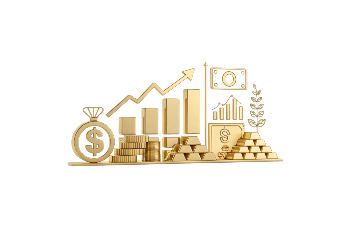 Golden symbols representing wealth growth coins, bars, and stacks alongside financial charts, a dollar sign, and an upward arrow indicating economic prosperity png