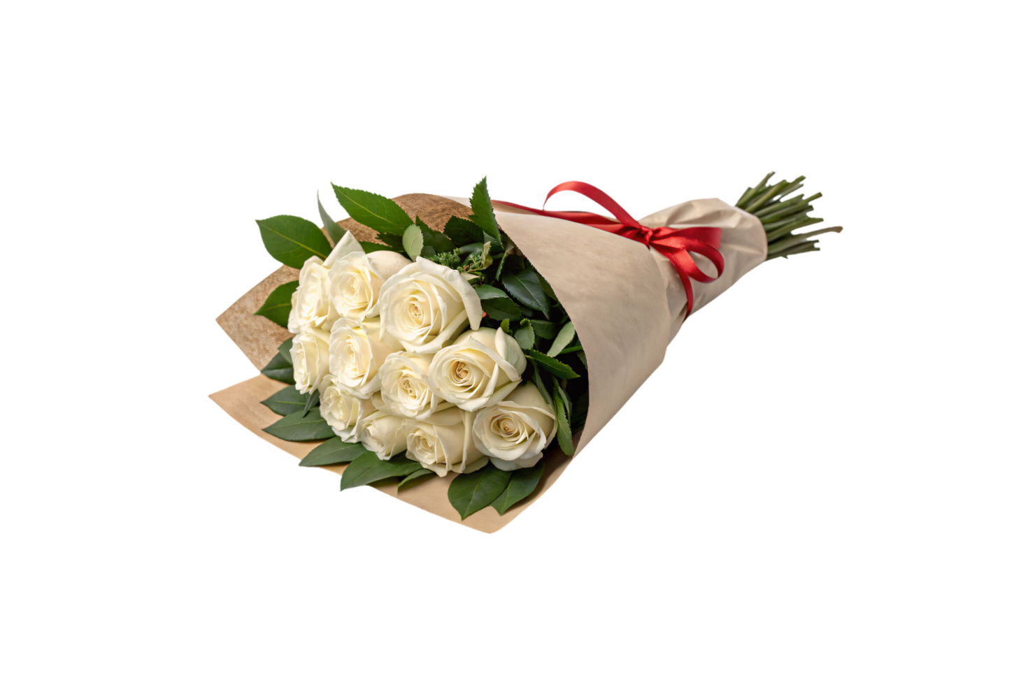 Creamy white roses wrapped in rustic kraft paper with vibrant greenery, tied elegantly with a red ribbon, offering understated sophistication and grace png