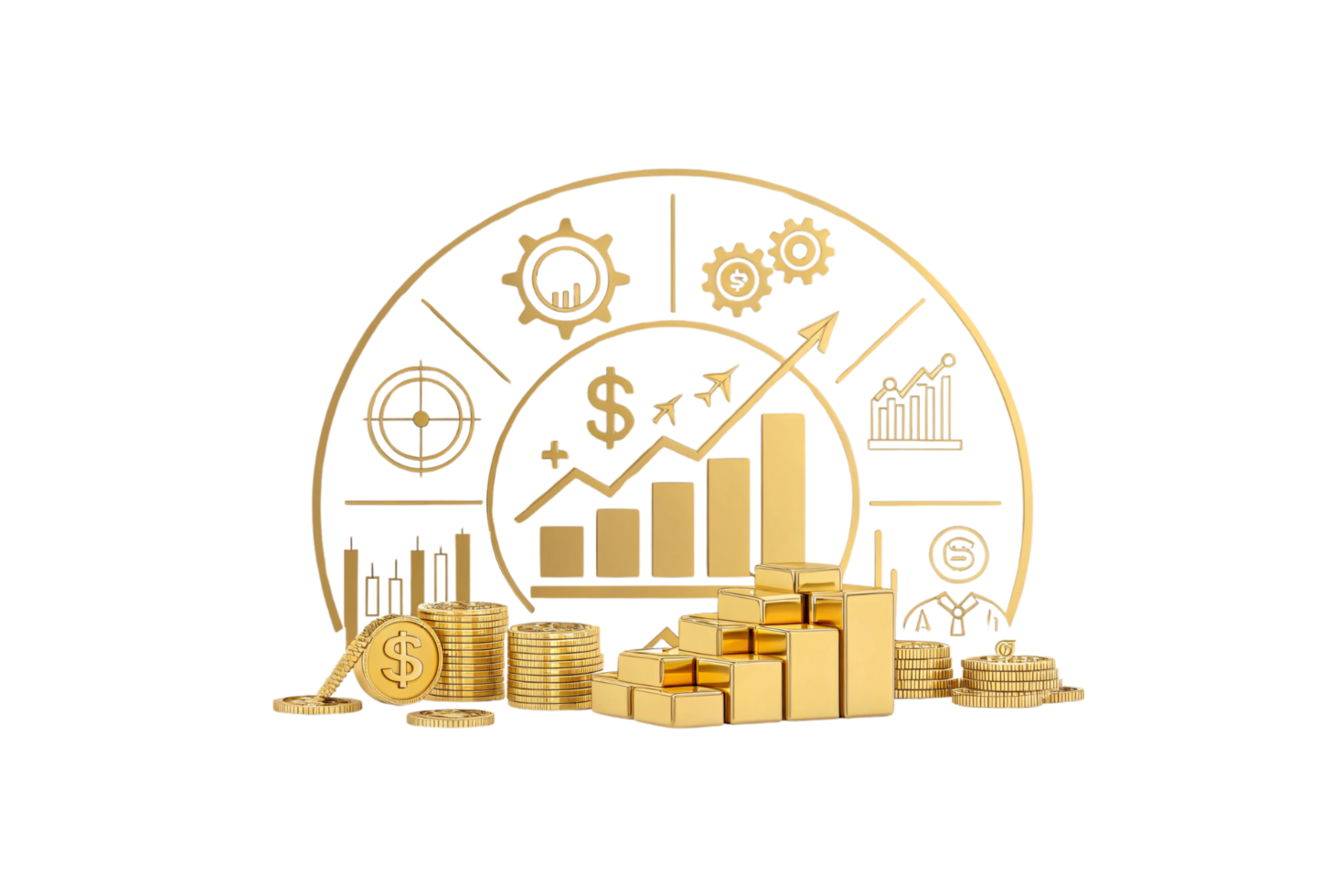 Gold bars and coins with a backdrop of financial icons gears, graphs, and arrows symbolizing economic growth, investment strategies, and upward progress png