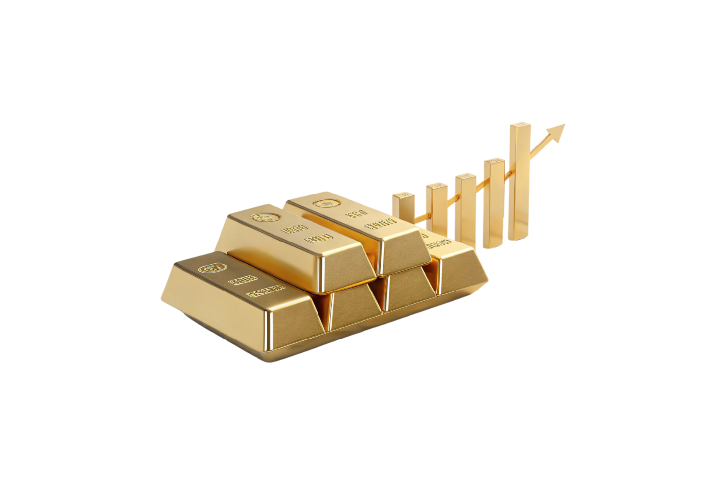 Three stacked gold bars labeled with weight and purity, accompanied by a golden upward-trending arrow chart, symbolizing economic growth, investment, and prosperity png