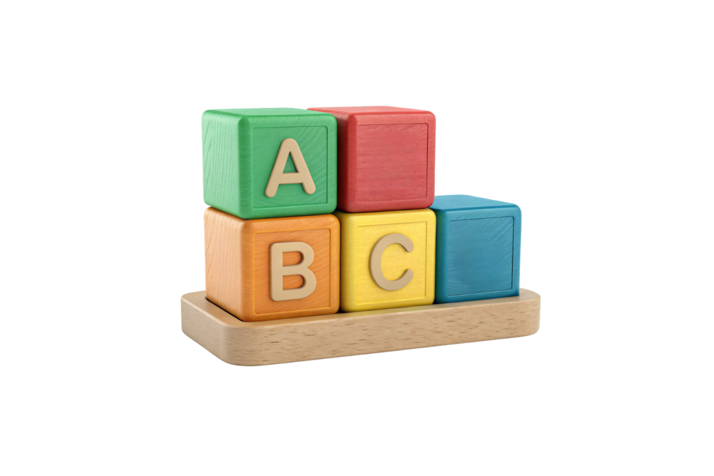 Stacked colorful wooden blocks with engraved letters A, B, and C, symbolizing early education and playful learning, set on a wooden tray png