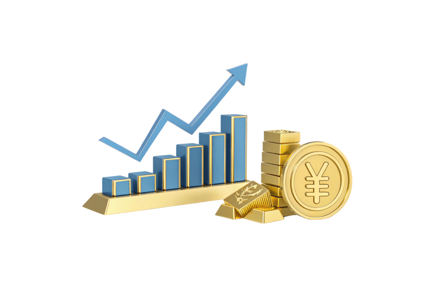 A blue bar chart with a rising arrow symbolizes economic growth, accompanied by gold bars and yen coins for wealth representation png