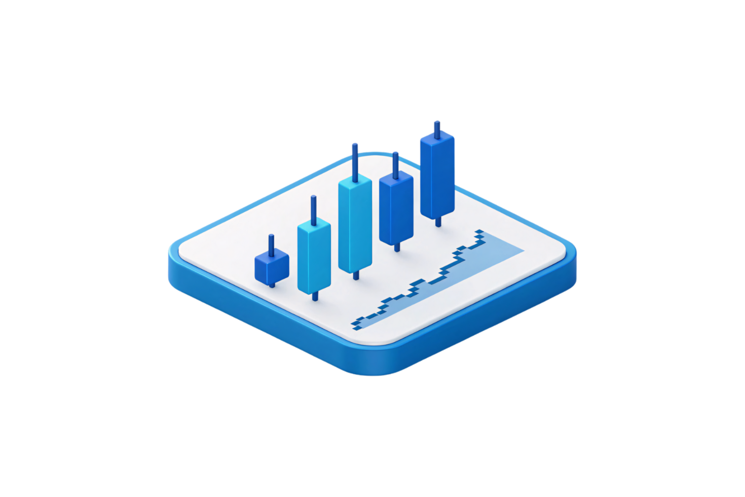 3D candlestick chart in varying blue shades, presenting financial trends on a minimalist white base, emphasizing clarity and data-driven insights png