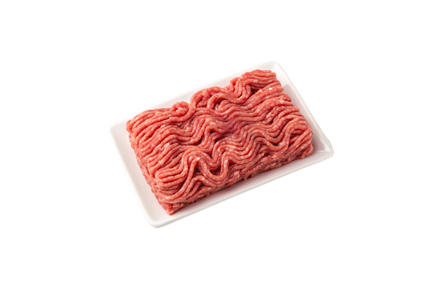 A compact rectangle of raw ground meat, vividly pink with fine texture, neatly placed on a pristine white rectangular tray png
