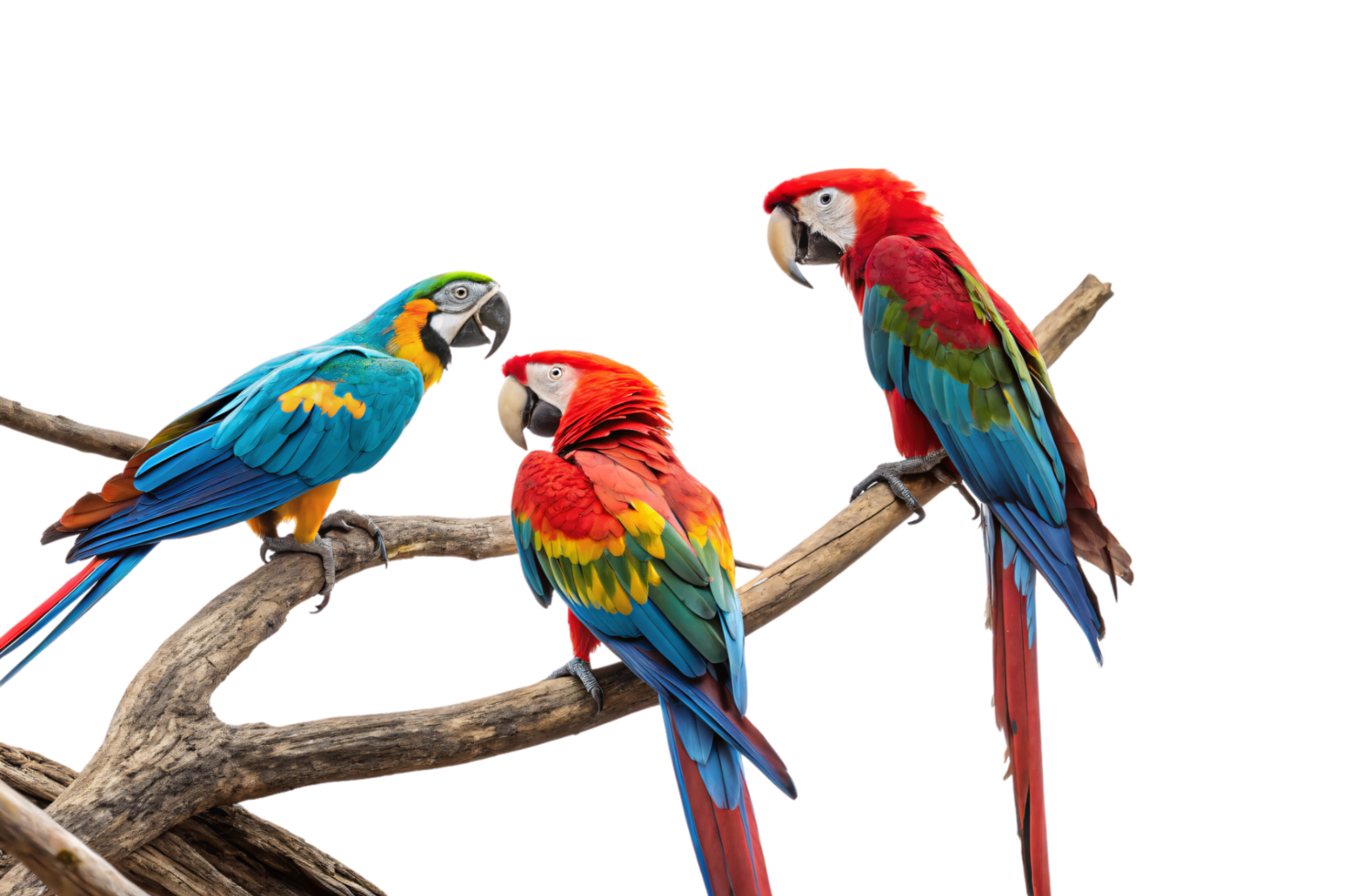 Three parrots perched on branches. A vibrant mix of blue, yellow, green, and red feathers png