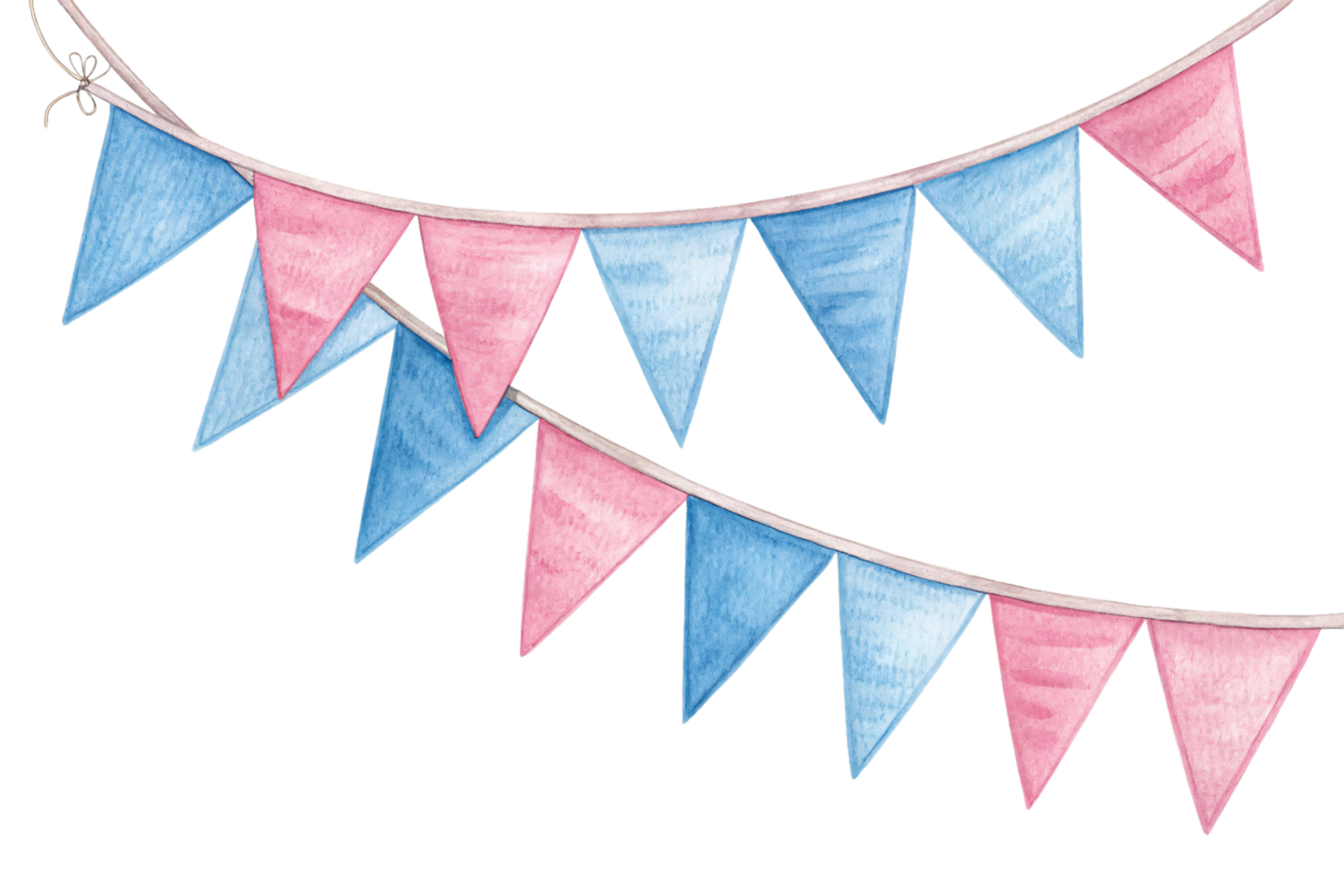 Two strings of pink and blue bunting flags, artistically arranged with vibrant watercolor texture, perfect for festive occasions or gender-reveal themes png
