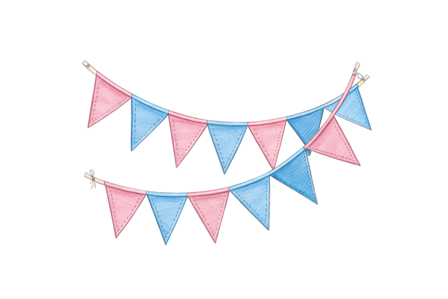 A festive string of triangular bunting flags in alternating pink and blue colors, hung in two curved rows, conveying celebration and joy png