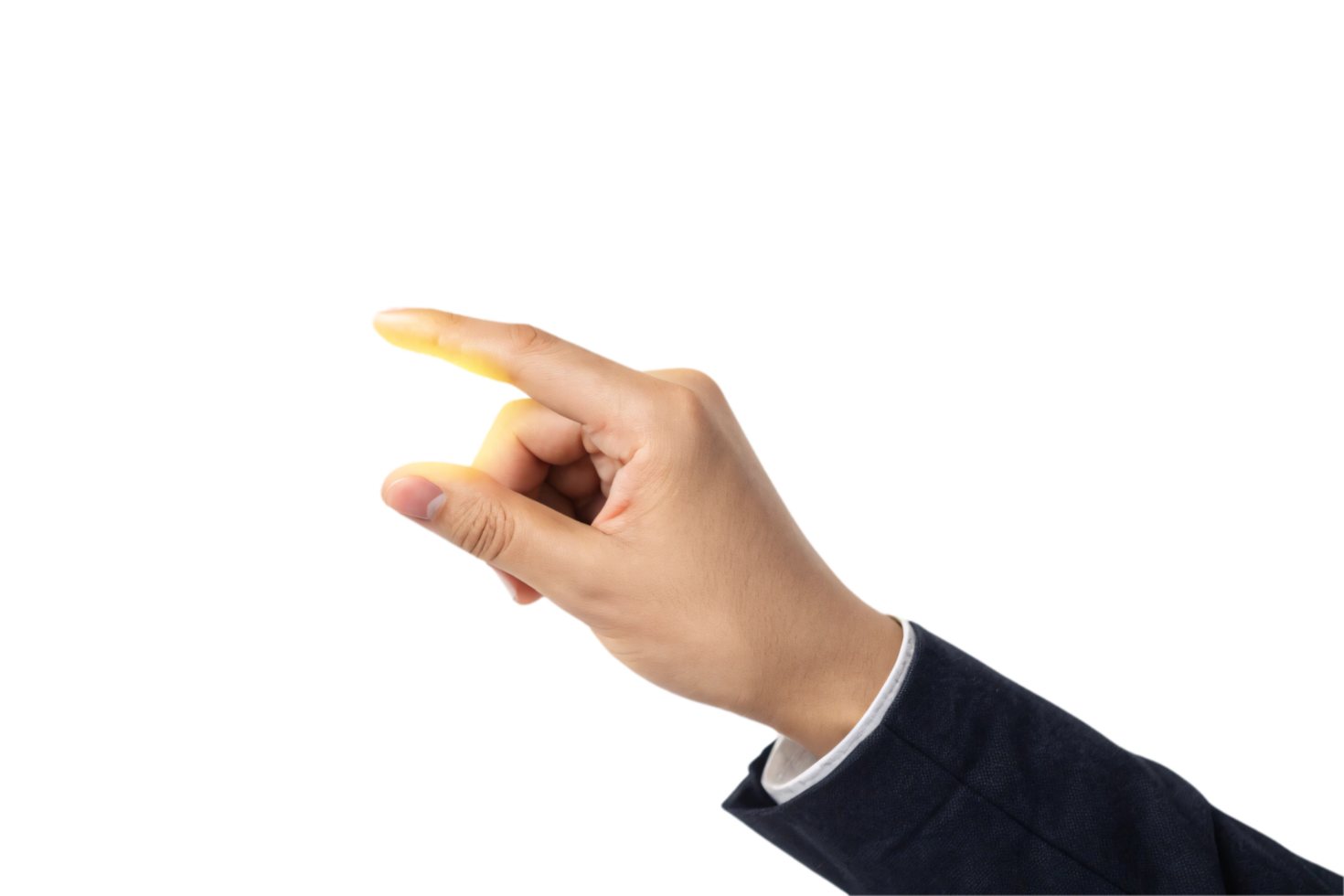 A hand in a suit jacket pinching two fingers with a glowing yellow light emanating from the fingertips on a black background png