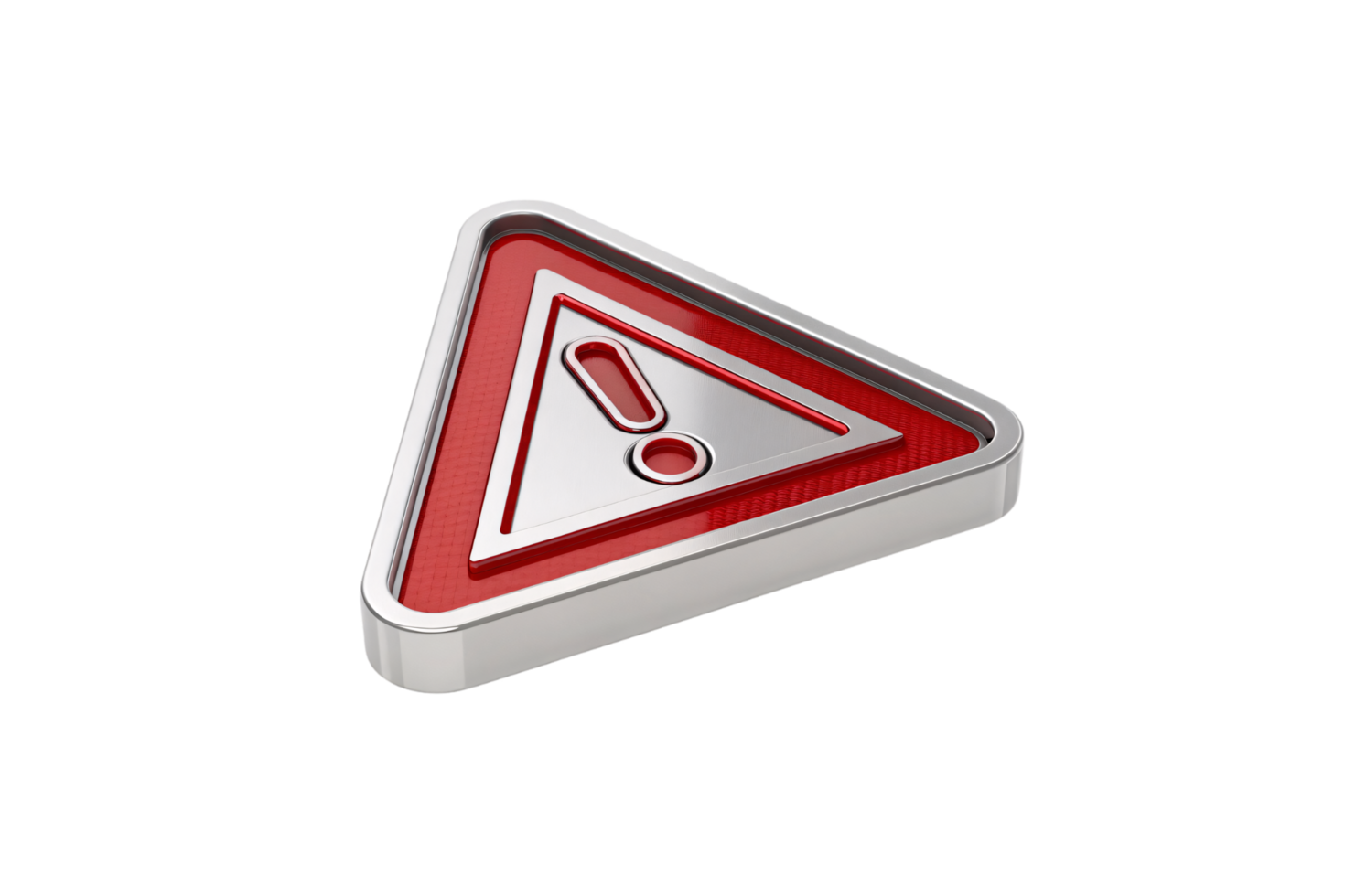 A modern metallic triangular hazard sign, its bold red interior showcasing a streamlined exclamation mark, polished and reflective png