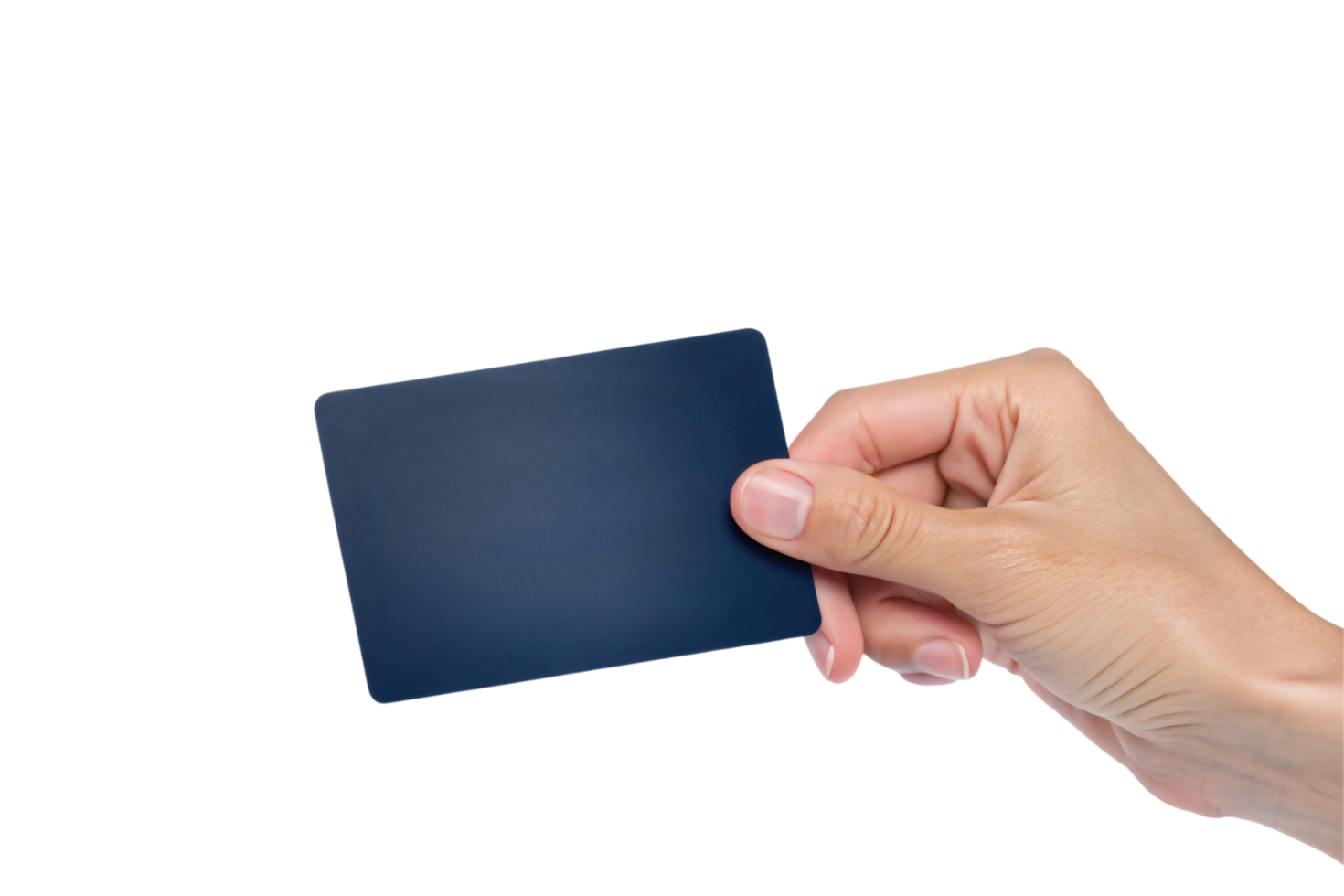 A close-up of a hand holding a blank, dark blue card, positioned prominently against a plain black background, suggesting simplicity and utility png