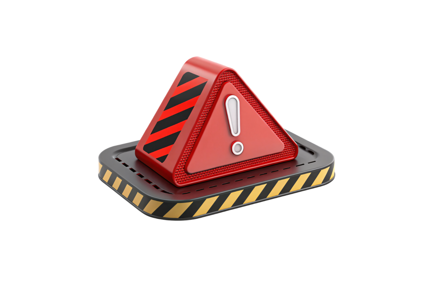 A red triangular alert icon with bold black stripes and a white exclamation mark, placed on a yellow-bordered black base png