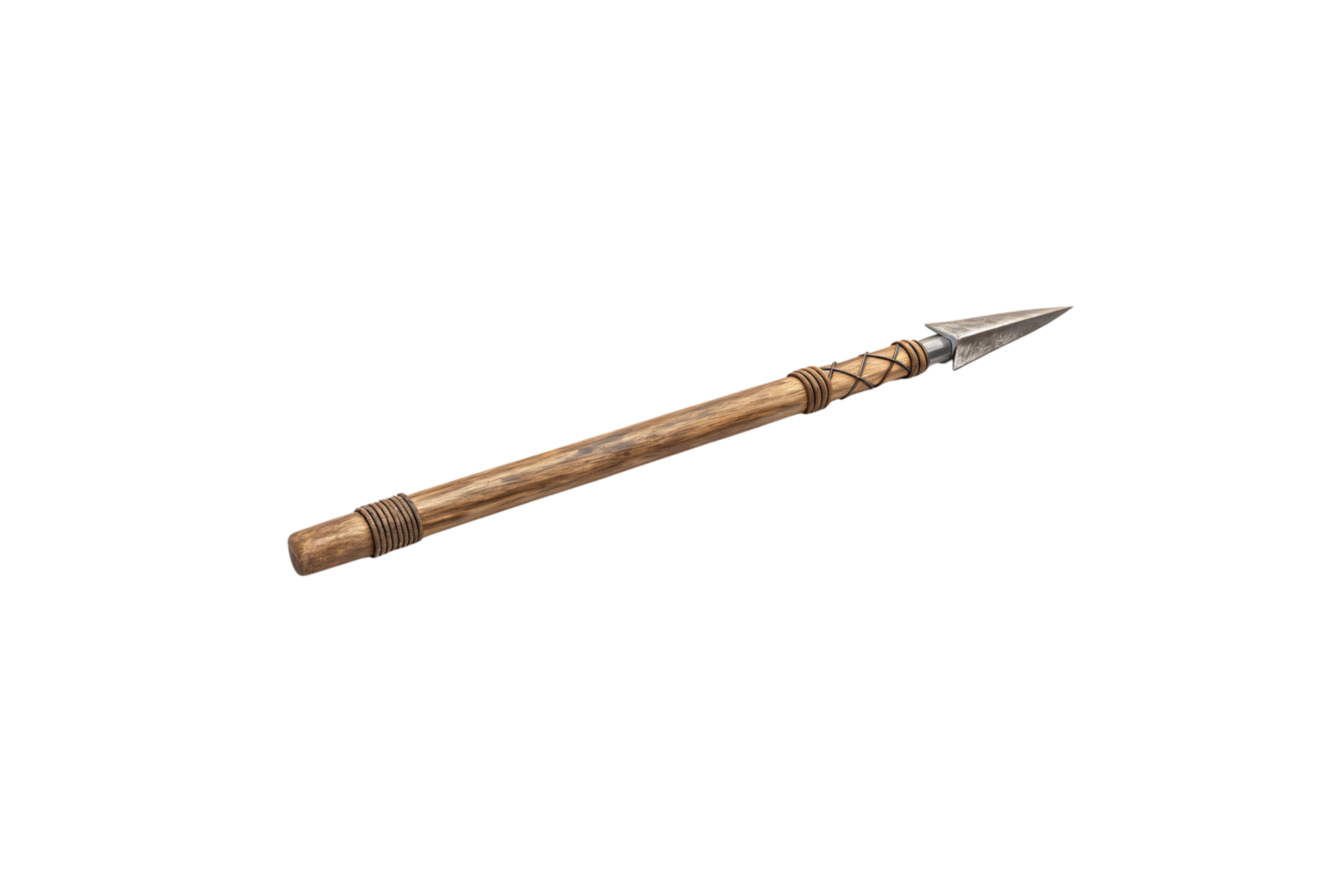 A traditional spear featuring a solid wooden shaft and a pointed metallic spearhead, secured with leather wrappings for grip and durability png