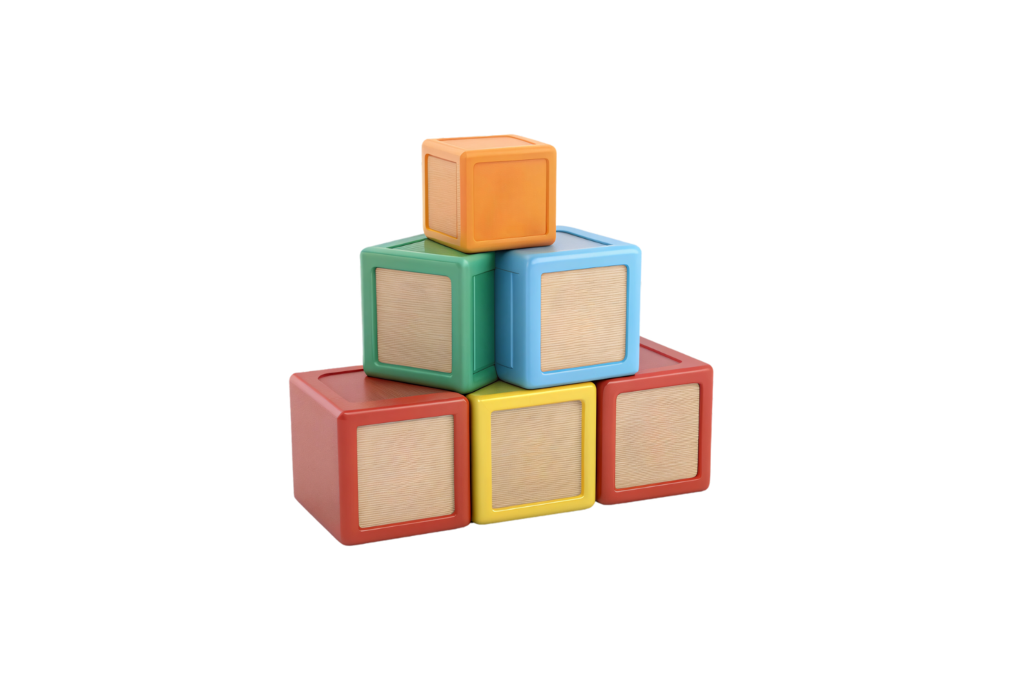A pyramid of colorful toy blocks. The blocks are in red, green, yellow, blue, and orange, each featuring a wooden panel center png
