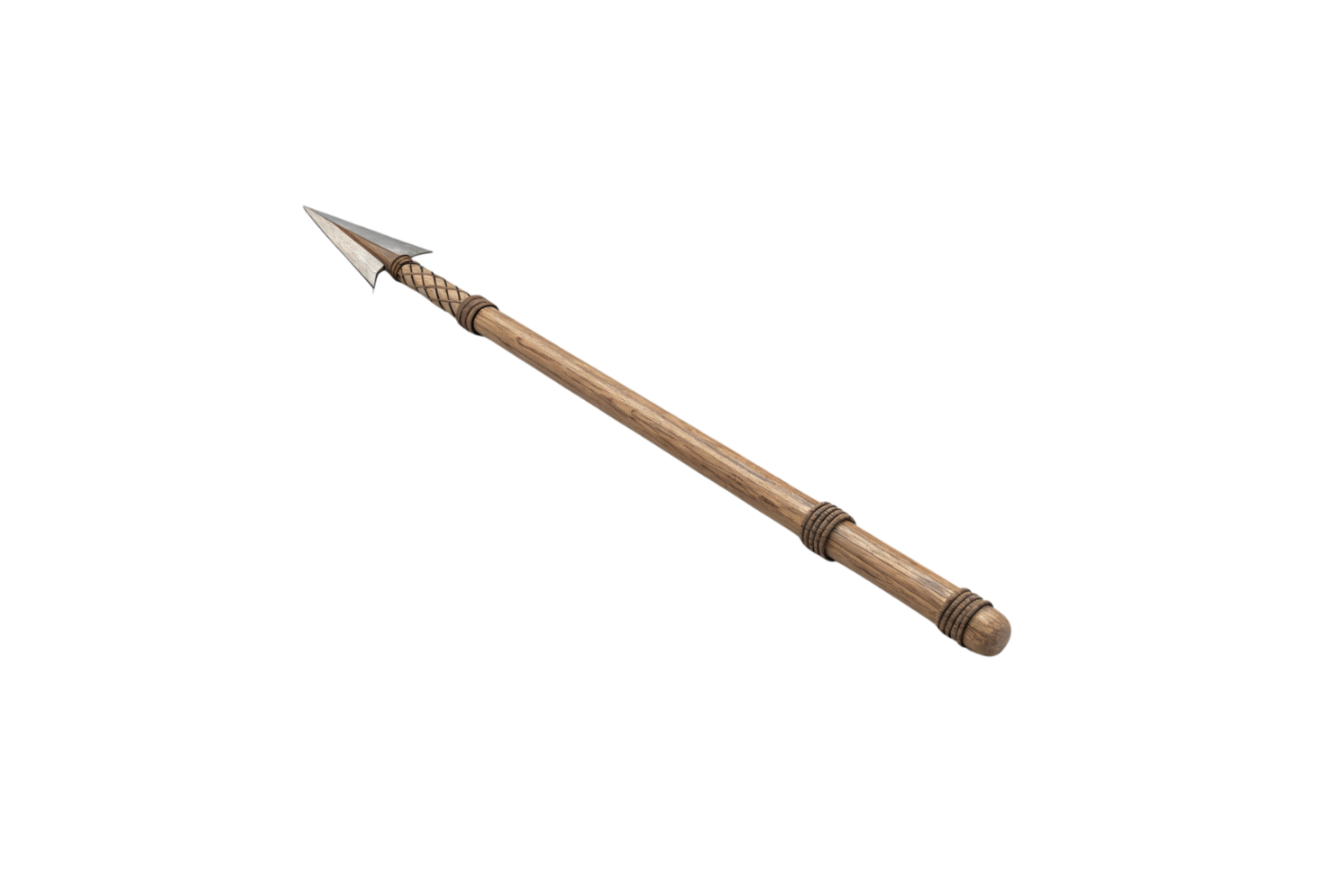 A wooden spear with a sharp, metallic arrowhead. The shaft has intricate wrappings for grip. It appears primitive yet sturdy, designed for hunting or combat png