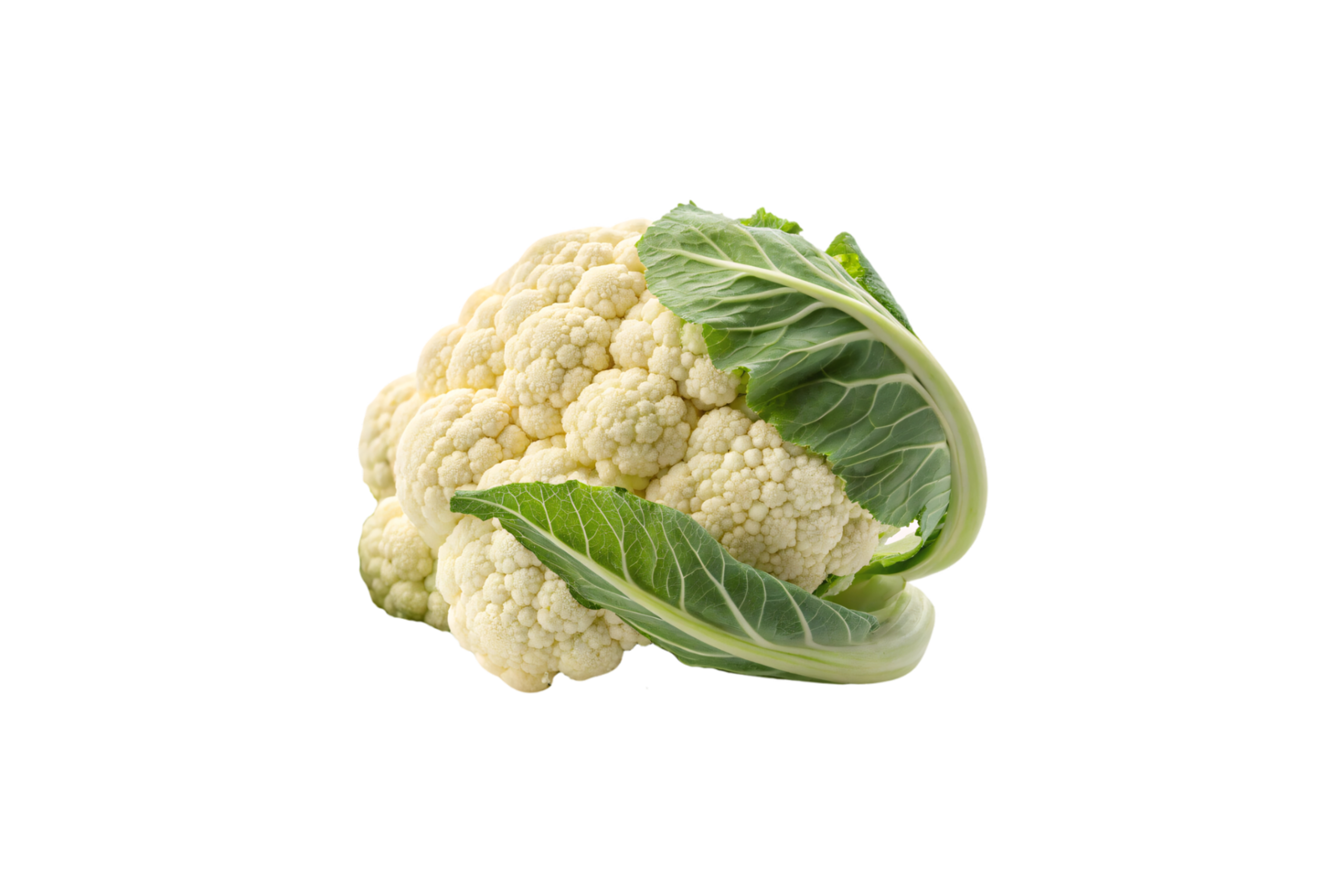 A pale cauliflower with firm florets surrounded by green leaves. The fresh produce is arranged neatly, highlighting its natural color and texture png