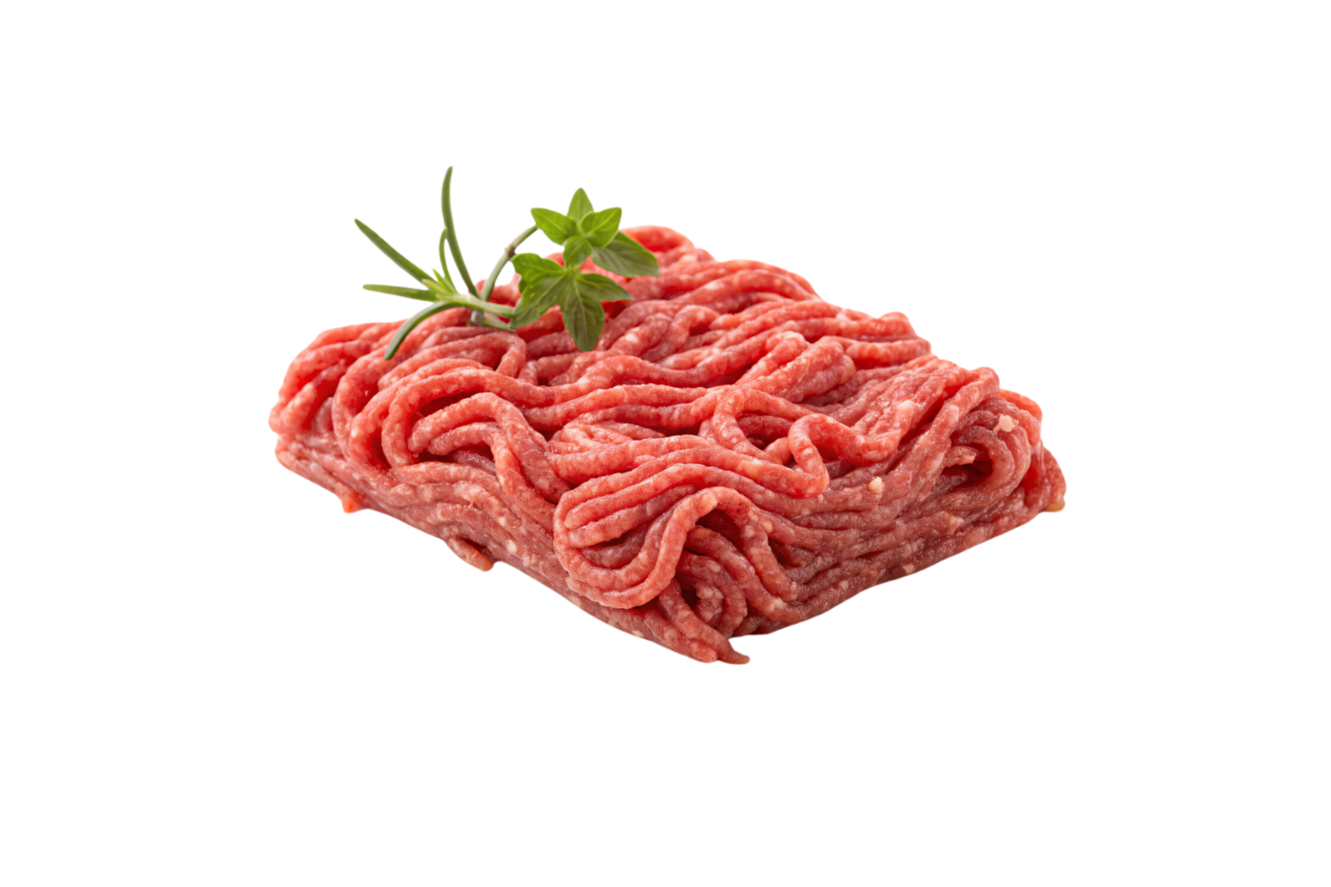 A portion of raw ground meat styled with sprigs of rosemary and oregano, emphasizing freshness and culinary appeal png
