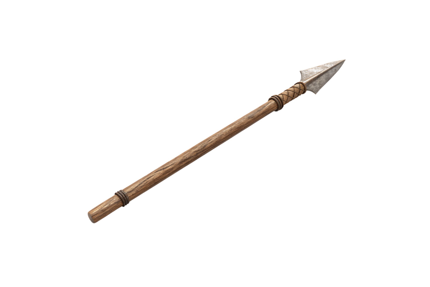 A handcrafted spear with a wooden shaft and a sharp metal spearhead, bound tightly with leather straps for a rustic design png