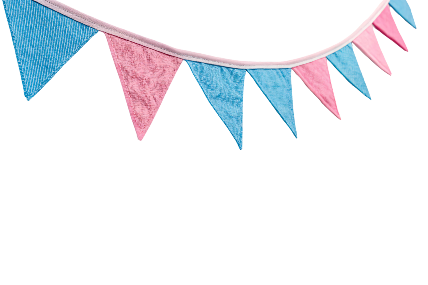A string of alternating pink and blue pennant flags made of textured fabric, adding playful charm to any celebratory setting png