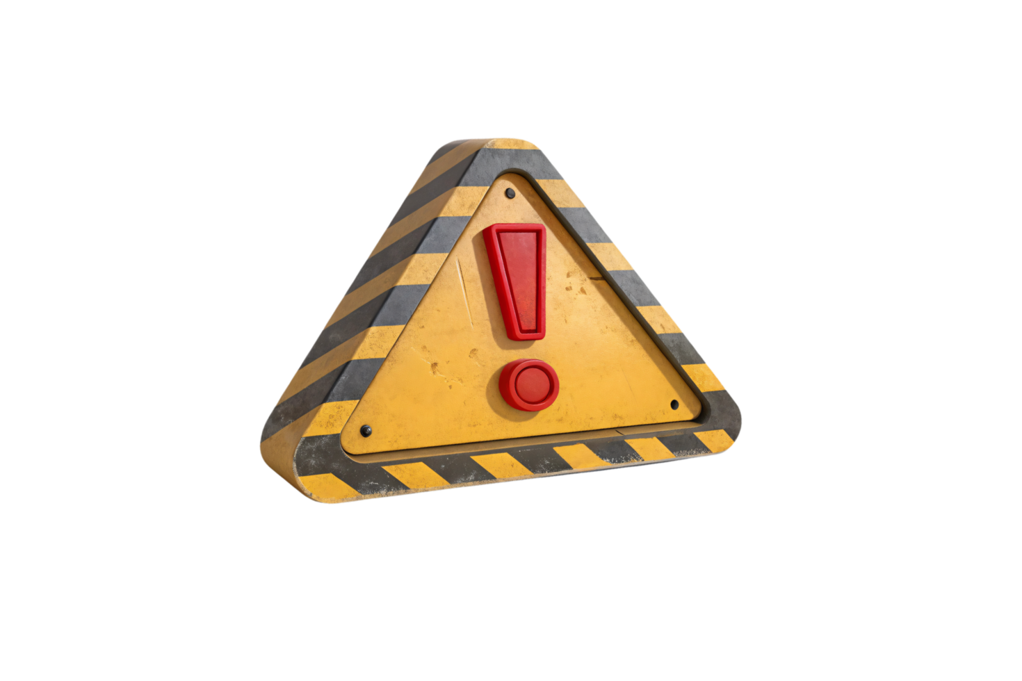 A triangular yellow warning sign with bold black stripes, featuring a central red exclamation mark and a round red button png