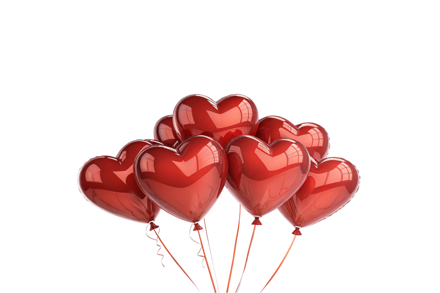 A vibrant bunch of glossy red heart-shaped balloons with thin red strings, floating upward, radiating love and celebration against a clean, black background png