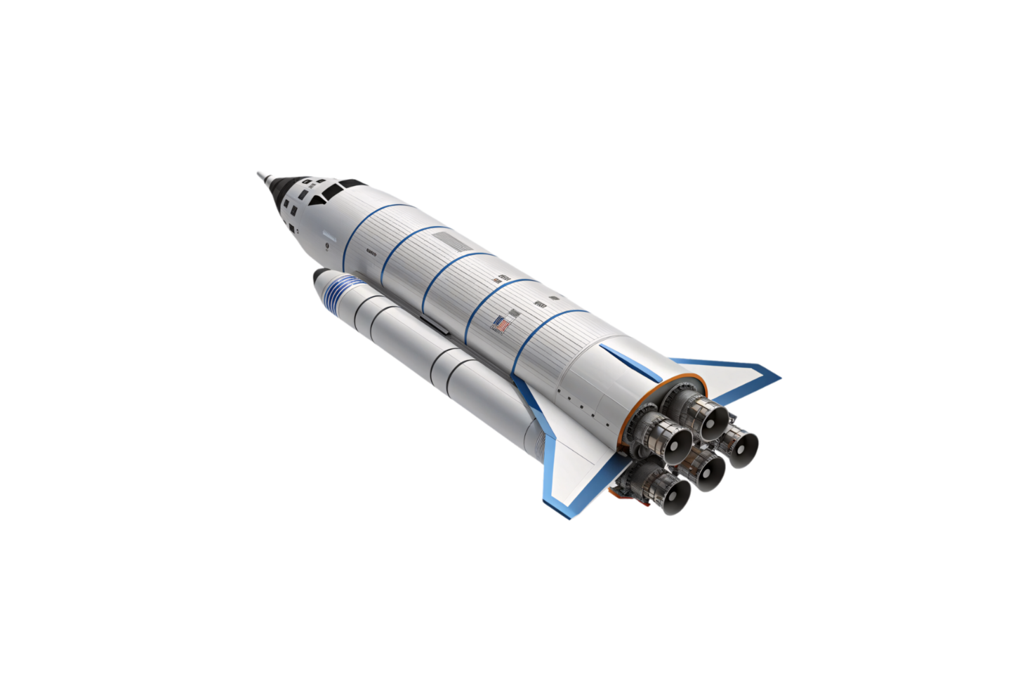 A detailed view of a futuristic rocket with blue accents and multiple engines, designed for interstellar travel png