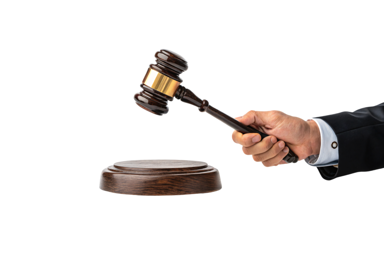 A polished wooden gavel with a golden band, grasped by a hand in formal attire, poised over a base, representing law and order png