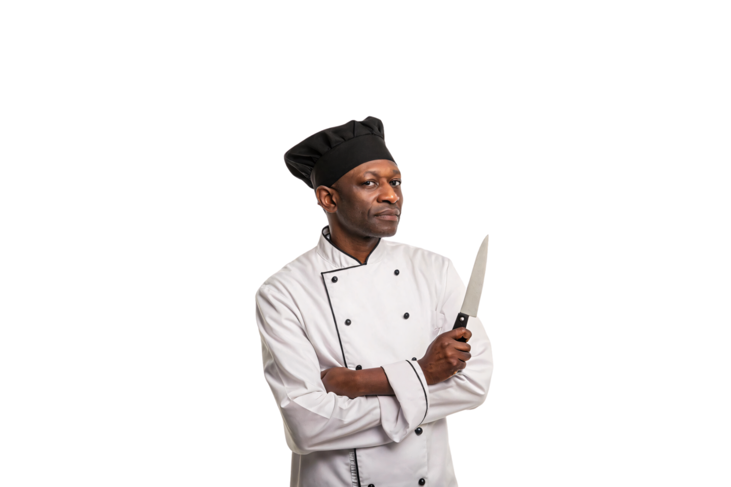 A confident chef in a white uniform and black hat, holding a sharp knife with an assertive gaze png