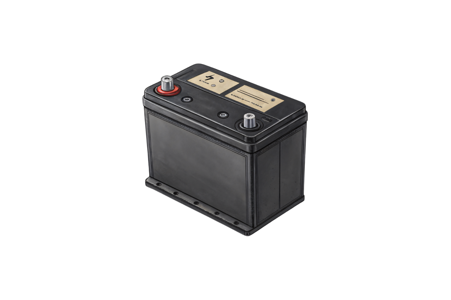 A rectangular black automotive battery with positive and negative terminals, featuring a golden label on top, sturdy design, and a functional appearance png