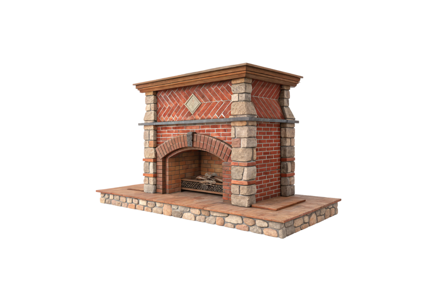 A rustic brick fireplace featuring a detailed stone base, wooden accents, and intricate masonry work, adding a cozy and traditional charm png