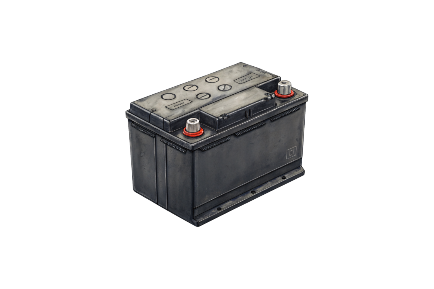 A sleek and industrial-looking car battery with bold terminal markings, designed to power modern automotive systems effectively png