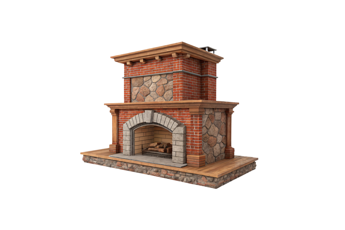A robust brick fireplace with stone masonry, a solid wooden mantle, and decorative rock panels, exuding a blend of elegance and rusticity png