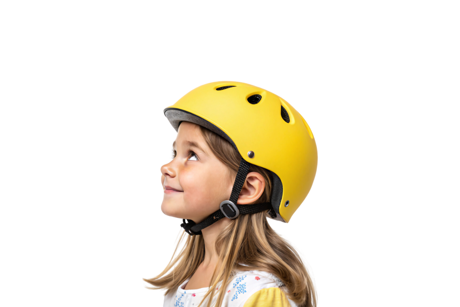 A young girl wearing a bright yellow helmet, looking upwards with a joyful smile, radiating innocence and adventure png