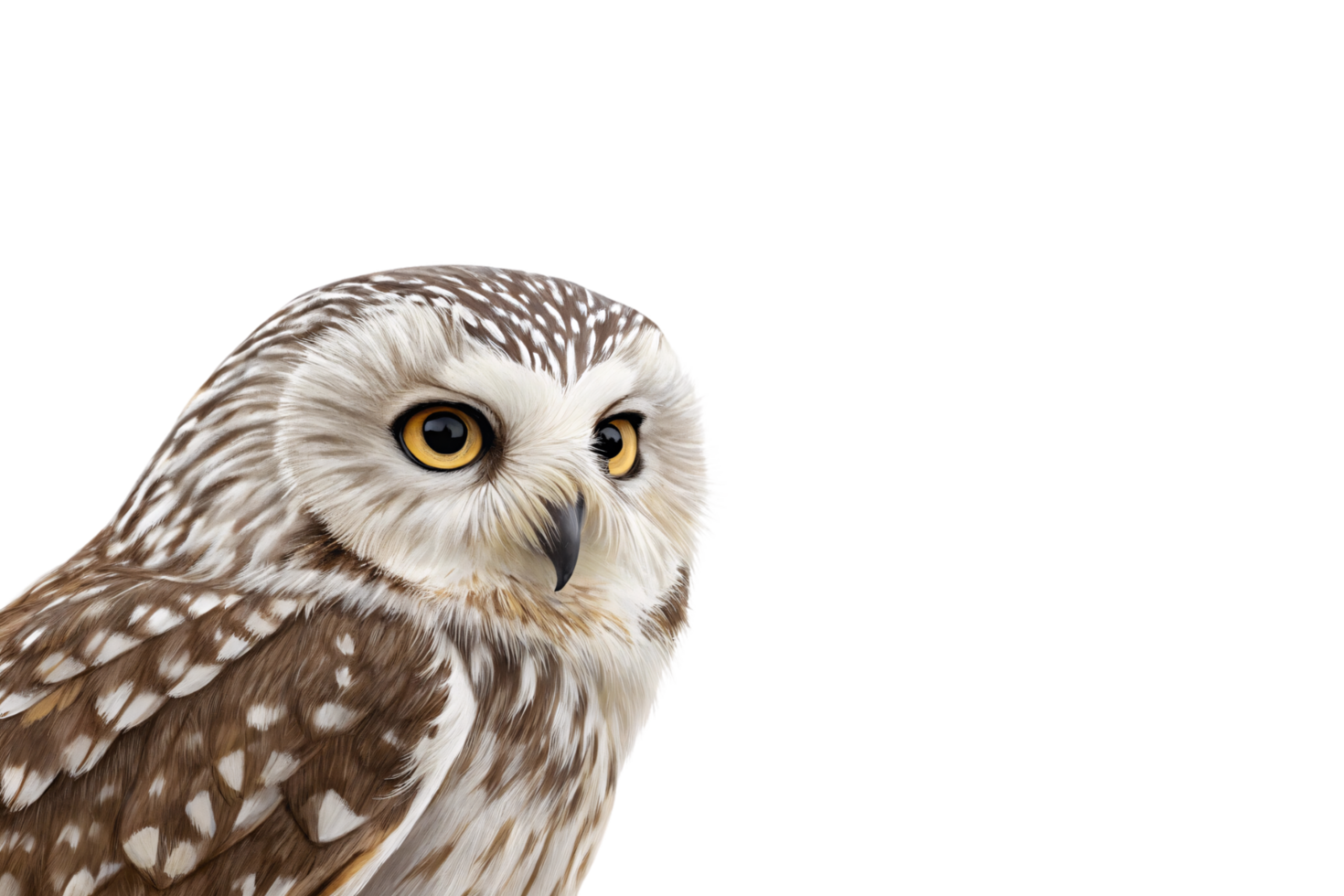 A brown-and-white owl with sharp yellow eyes and intricate feather patterns, showcasing a captivating gaze png
