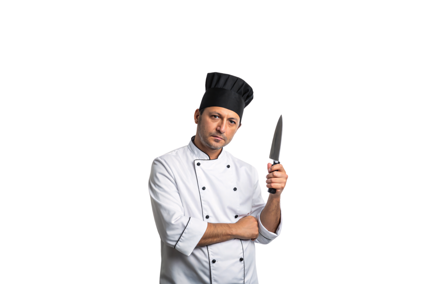 A chef in a white jacket and black hat, holding a knife upright with an intense and focused expression png
