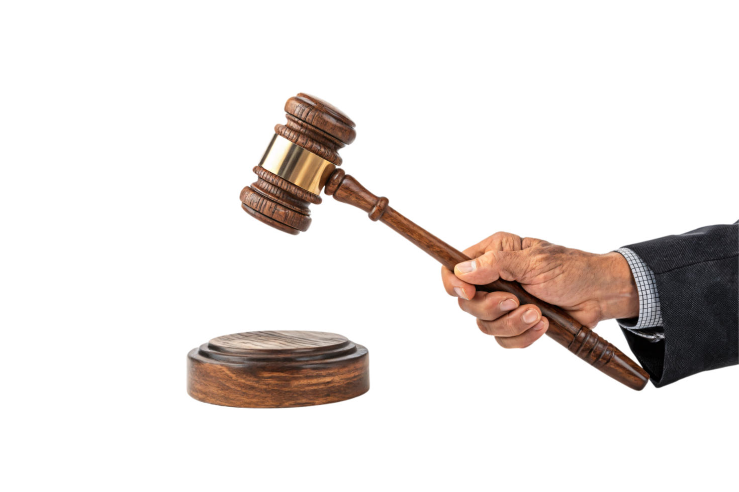 A wooden gavel with golden accents, held by a suited hand, epitomizing fairness, authority, and the weight of legal decisions png