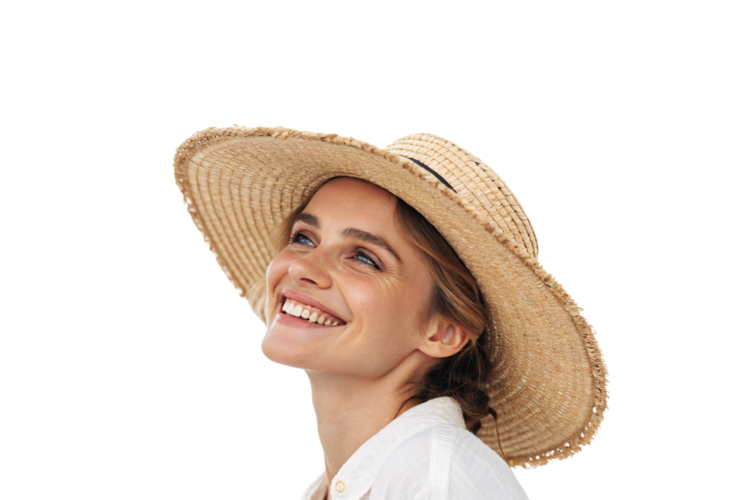 A smiling woman wearing a wide-brimmed straw hat and white shirt, radiating happiness and warmth, capturing a summery, carefree vibe png