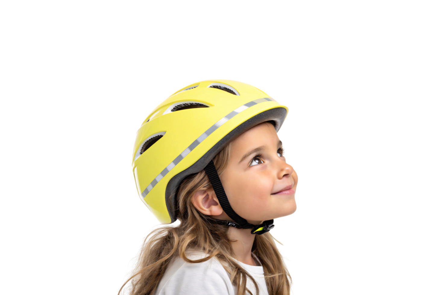 A young girl in a vibrant yellow helmet with reflective strips, smiling brightly, embodying safety and happiness png
