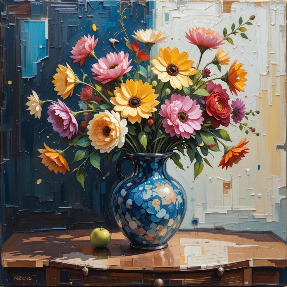 a painting of a vase with flowers photo