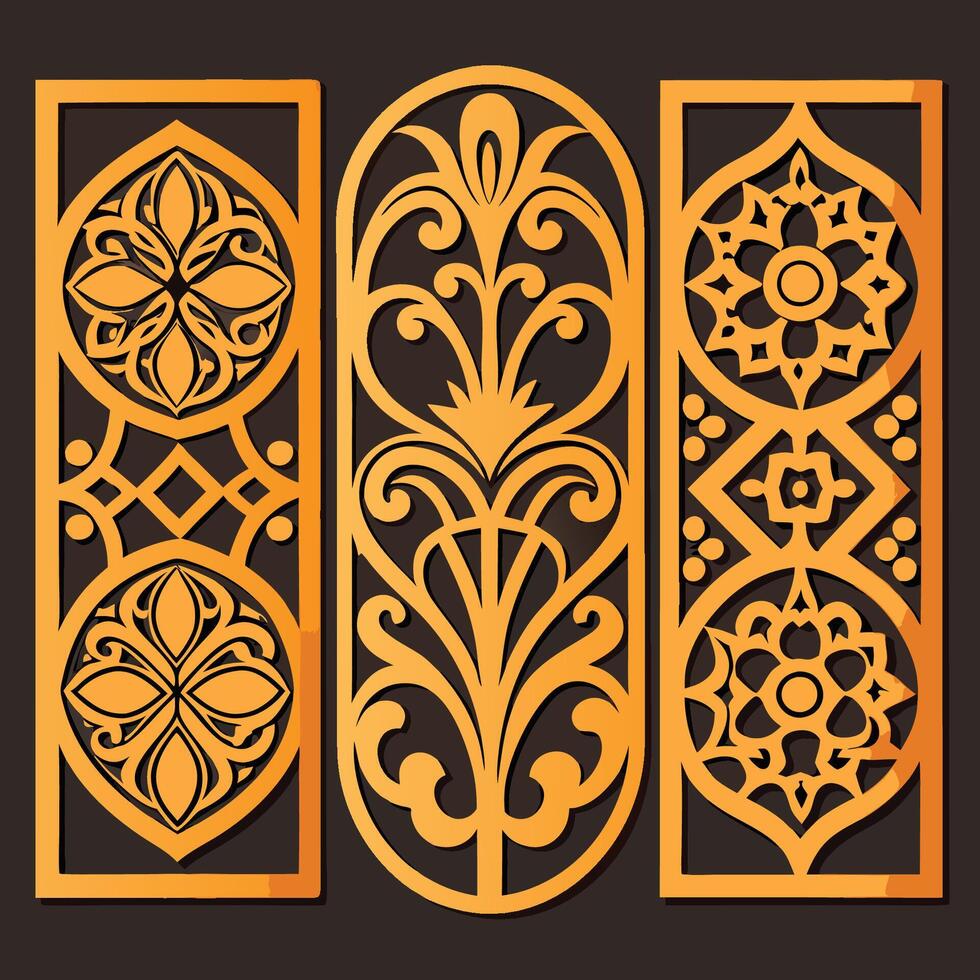 Exquisite Laser Cut Cabinetry Adorned with Intricate Ornamental Panels and Fretwork vector