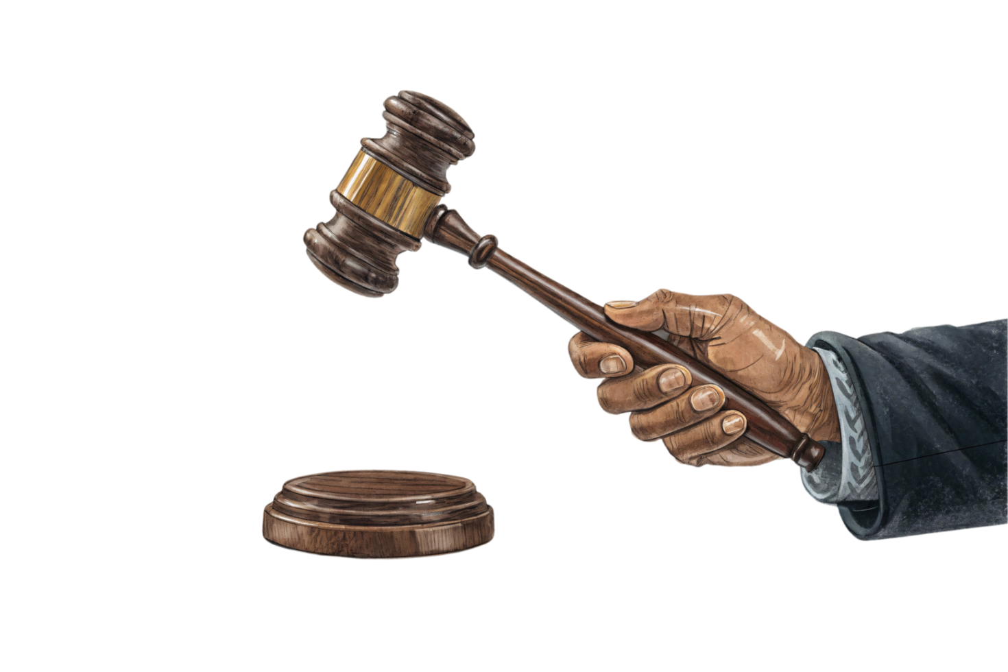A detailed illustration of a wooden gavel and base held by a judge's hand, symbolizing authority, justice, and legal proceedings in traditional artistry png