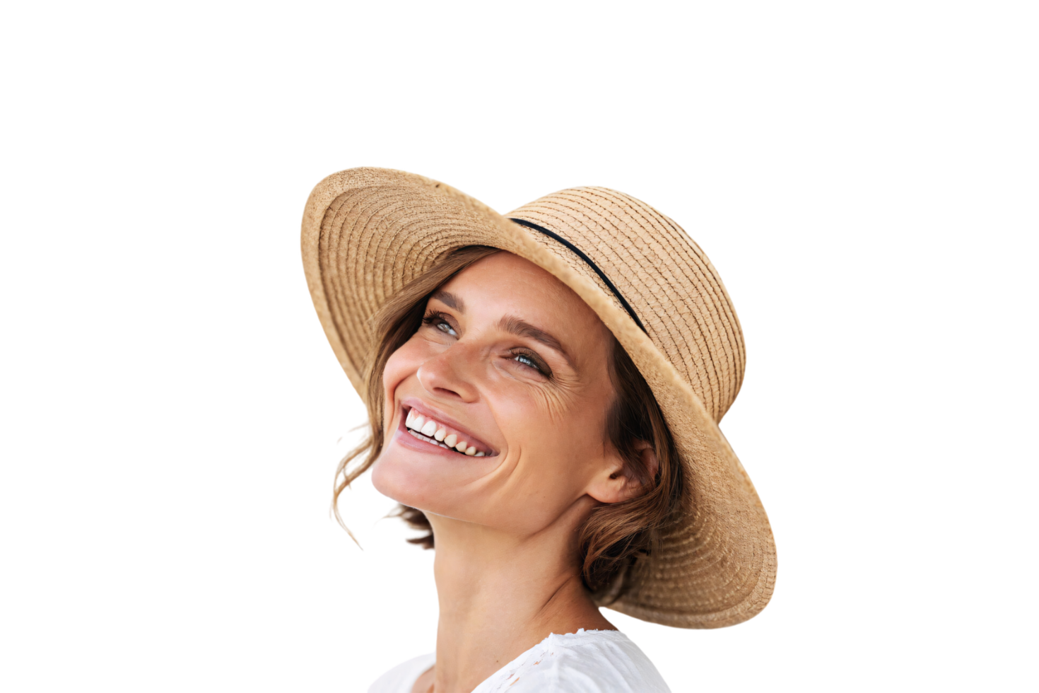 A cheerful woman with a slightly different pose, her straw hat complementing her casual, sunny demeanor in a light, minimalist setting png