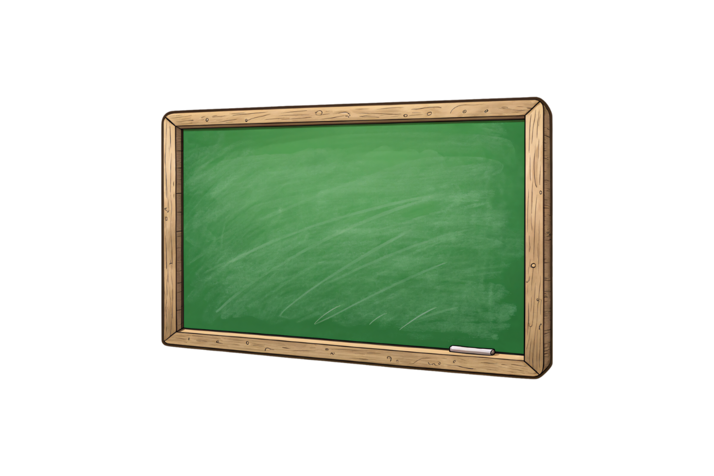 A traditional green chalkboard with a wooden frame, slightly worn edges, and a white chalk piece resting at the bottom, evoking a classic classroom vibe png