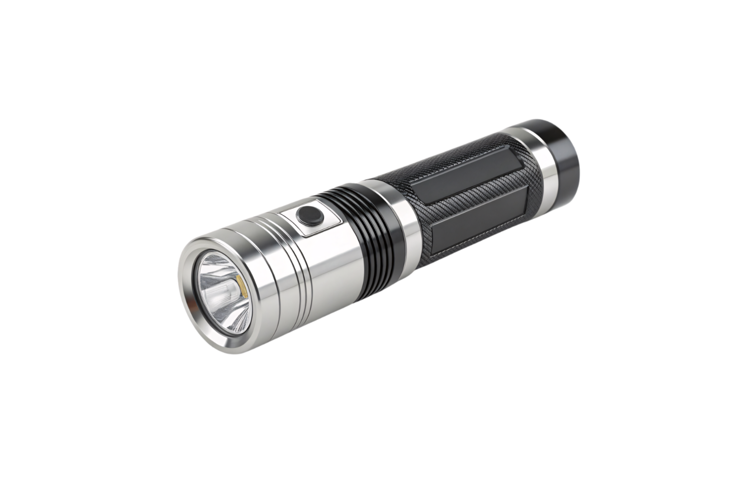 A modern silver flashlight with a black textured grip, push-button activation, and a bright LED bulb, designed for versatile use in any environment png