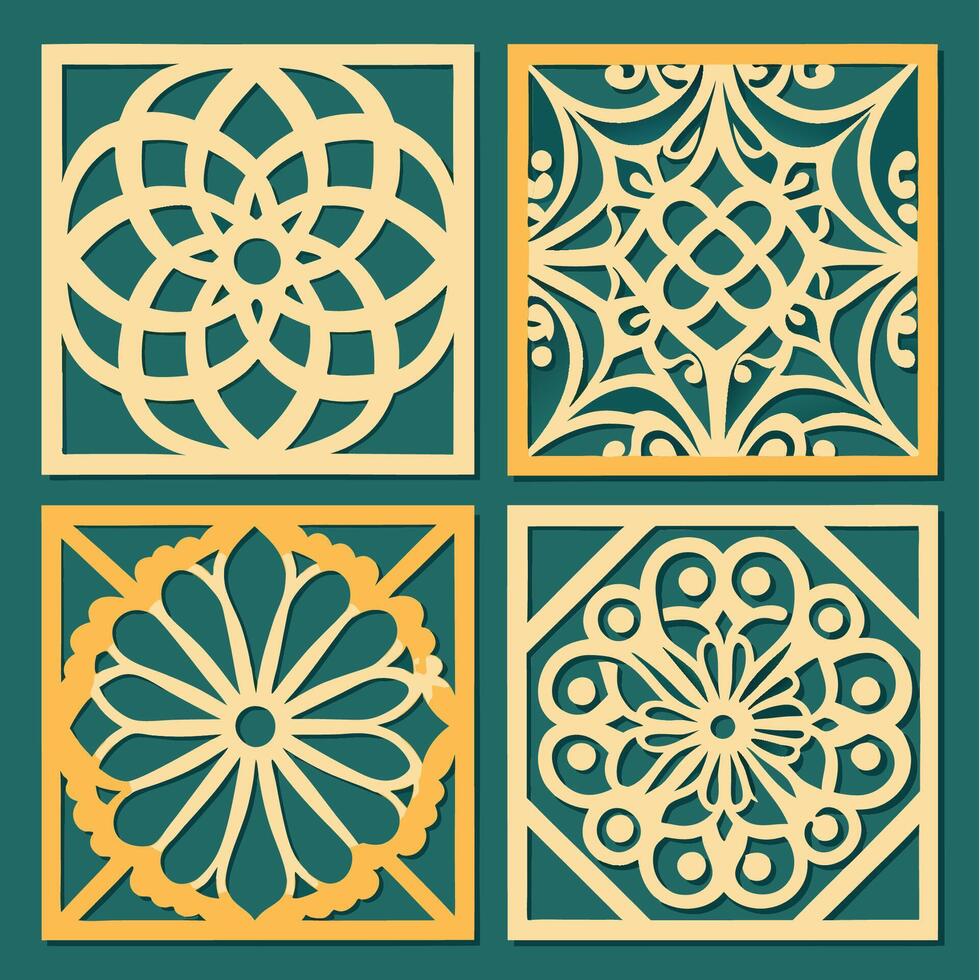 Detailed Cutting Template Set for Intricate Square Panels with Ornate Decorations vector