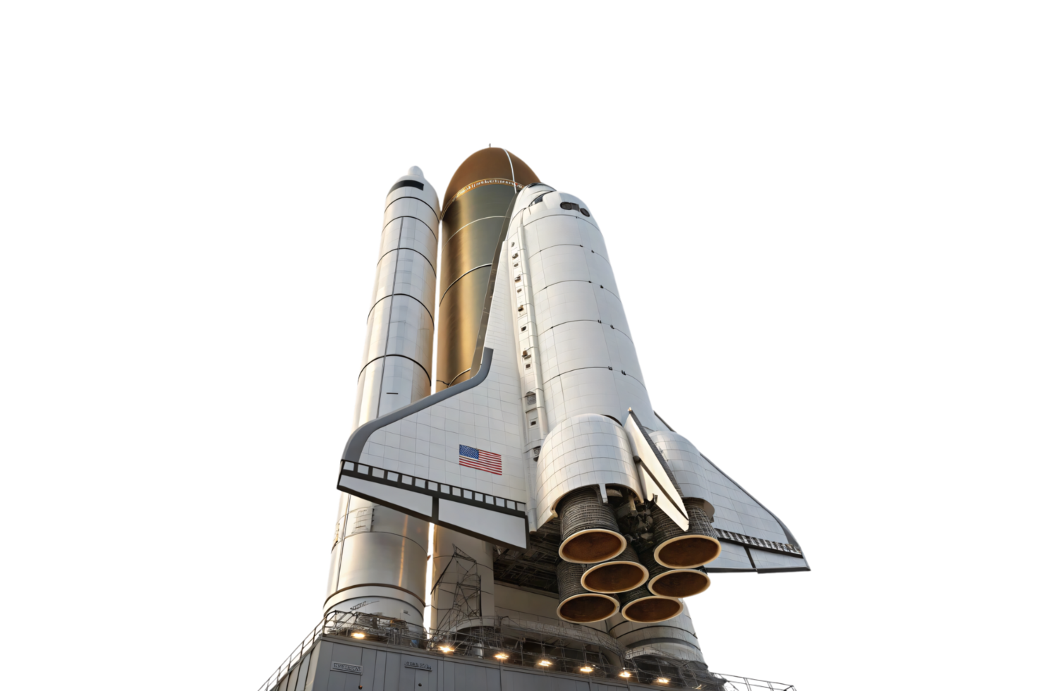 A majestic white space shuttle with boosters and a sleek design, poised on its launch pad under dramatic lighting png